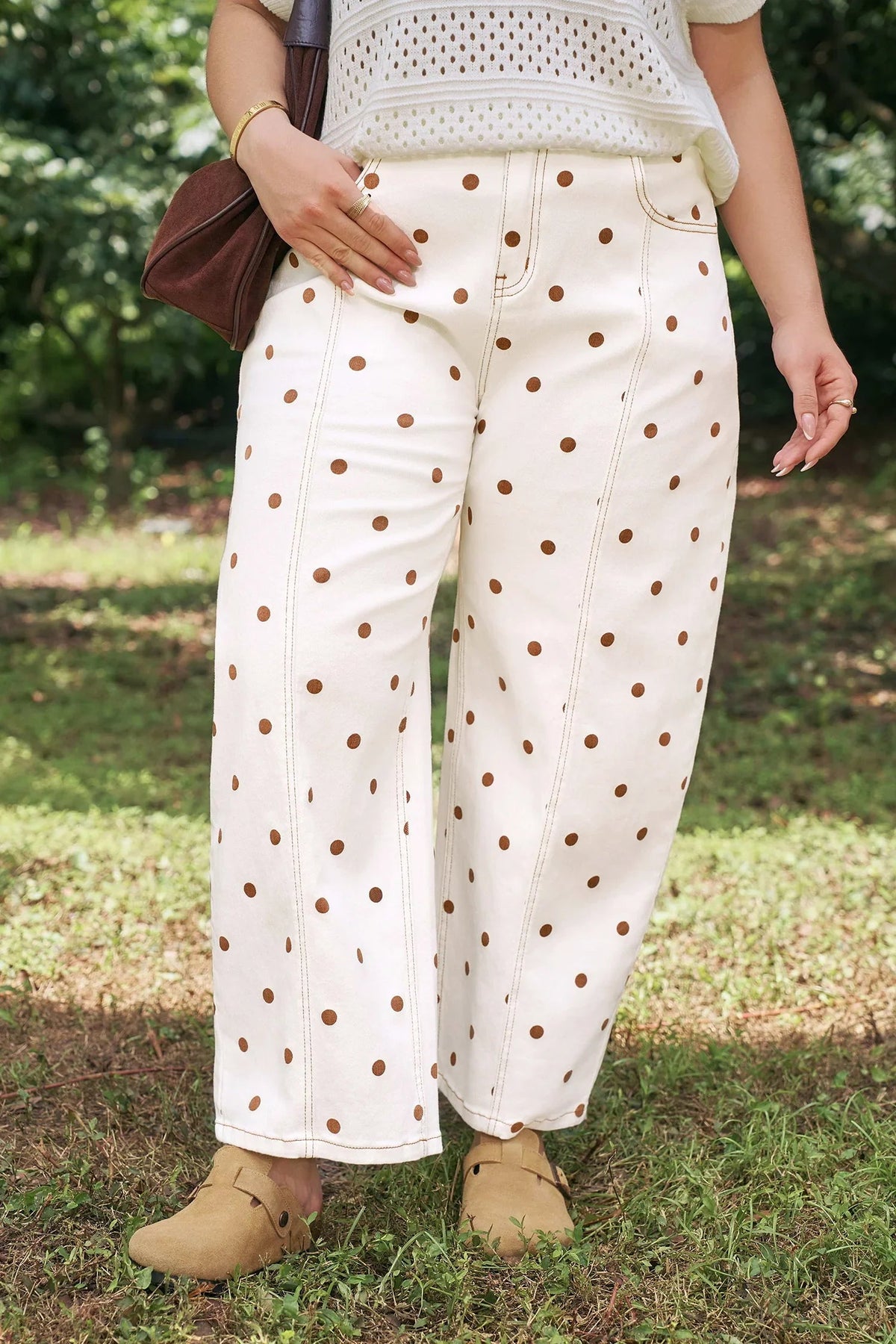 Women's Beige Plus-Size Polka-Dot Barrel Jeans