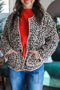 Women's Khaki Leopard-Print Long-Sleeve Jacket with Patch Pockets