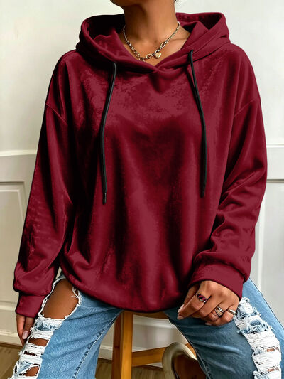 Women's Plus Size Velvet Drawstring Dropped Shoulder Hoodie