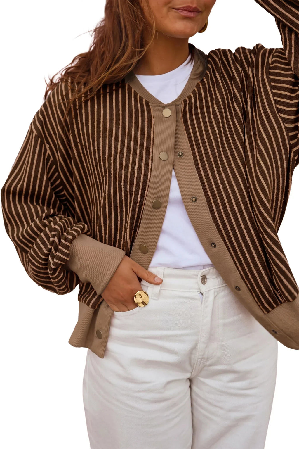 Women's Brown Striped V-Neck Long-Sleeve Cardigan