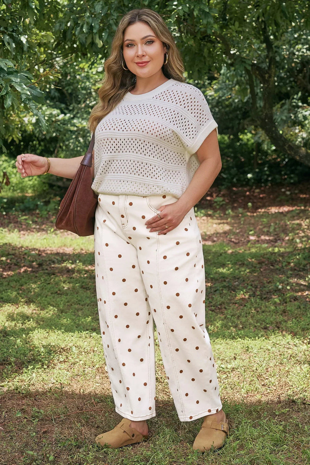 Women's Beige Plus-Size Polka-Dot Barrel Jeans