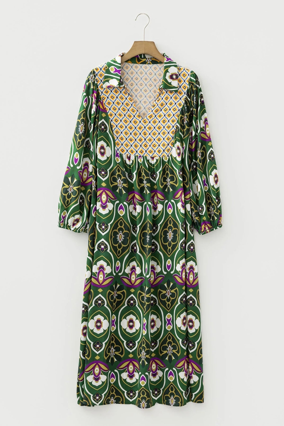 Women's Green Plus-Size Mixed-Floral V-Neck Maxi Dress