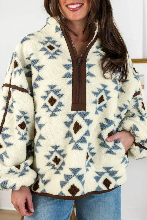 Women's Beige Geometric-Print Sherpa Long-Sleeve Sweatshirt