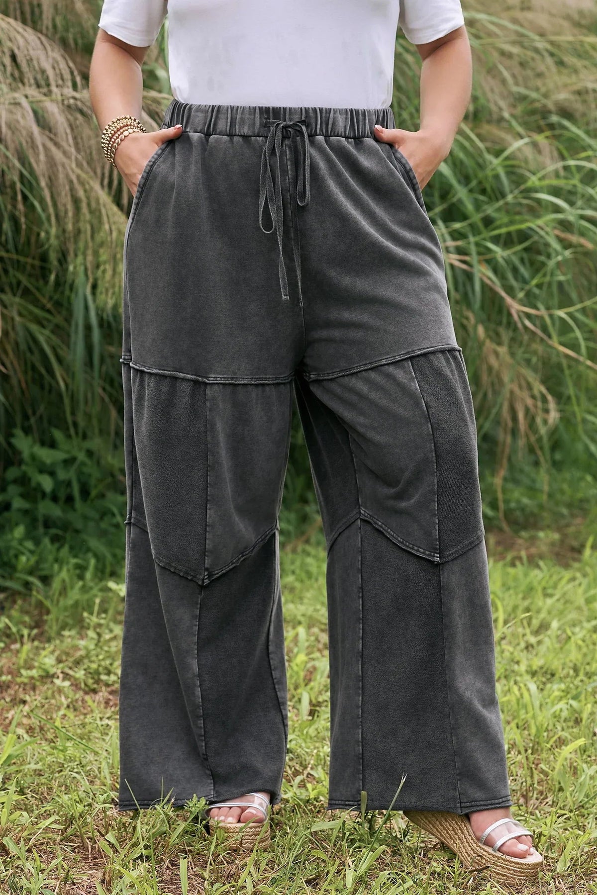 Women's Black Plus-Size Mineral-Wash Drawstring Loose Pants