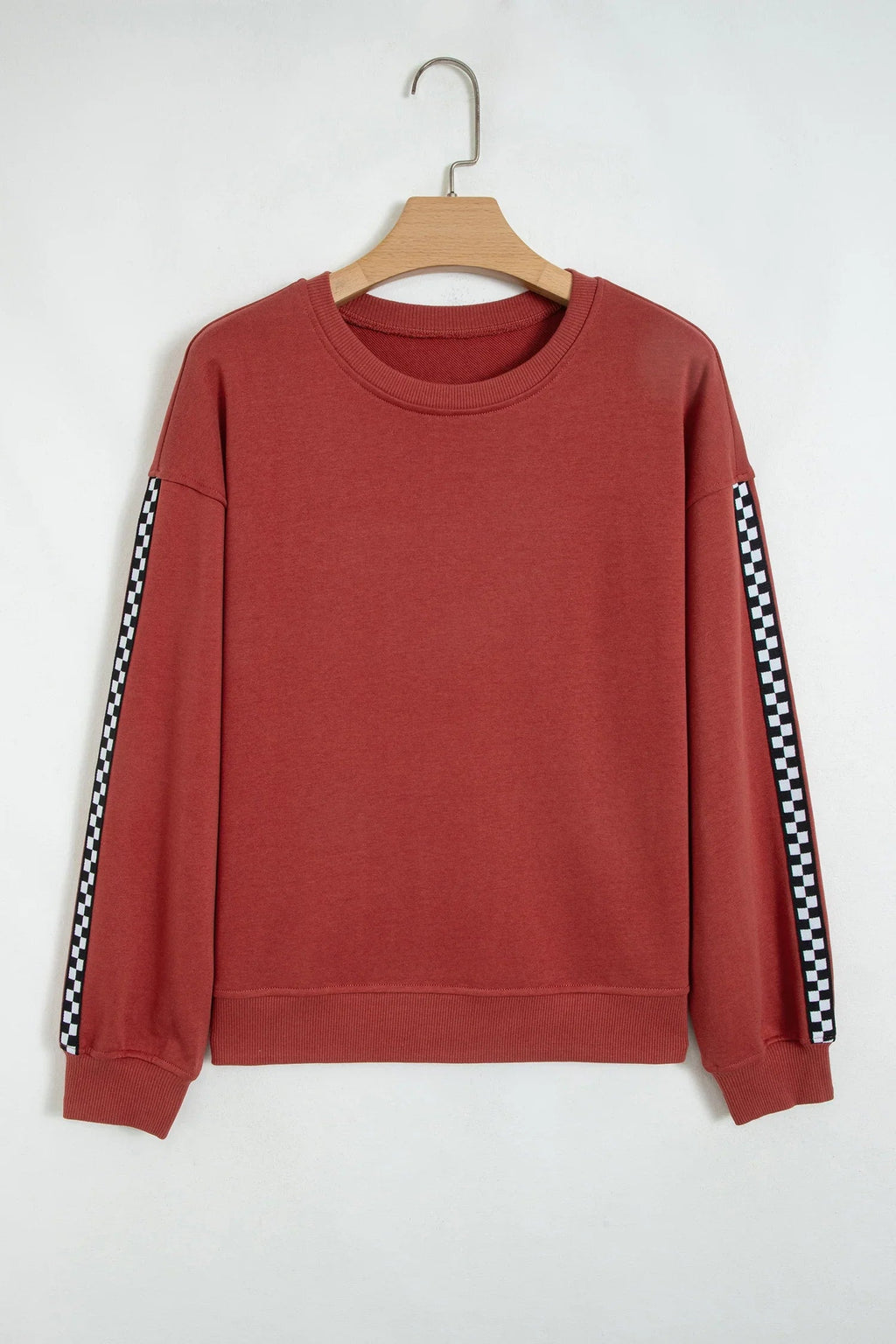 Women's Mineral Red Checkered-Trim Crew-Neck Long-Sleeve Sweatshirt