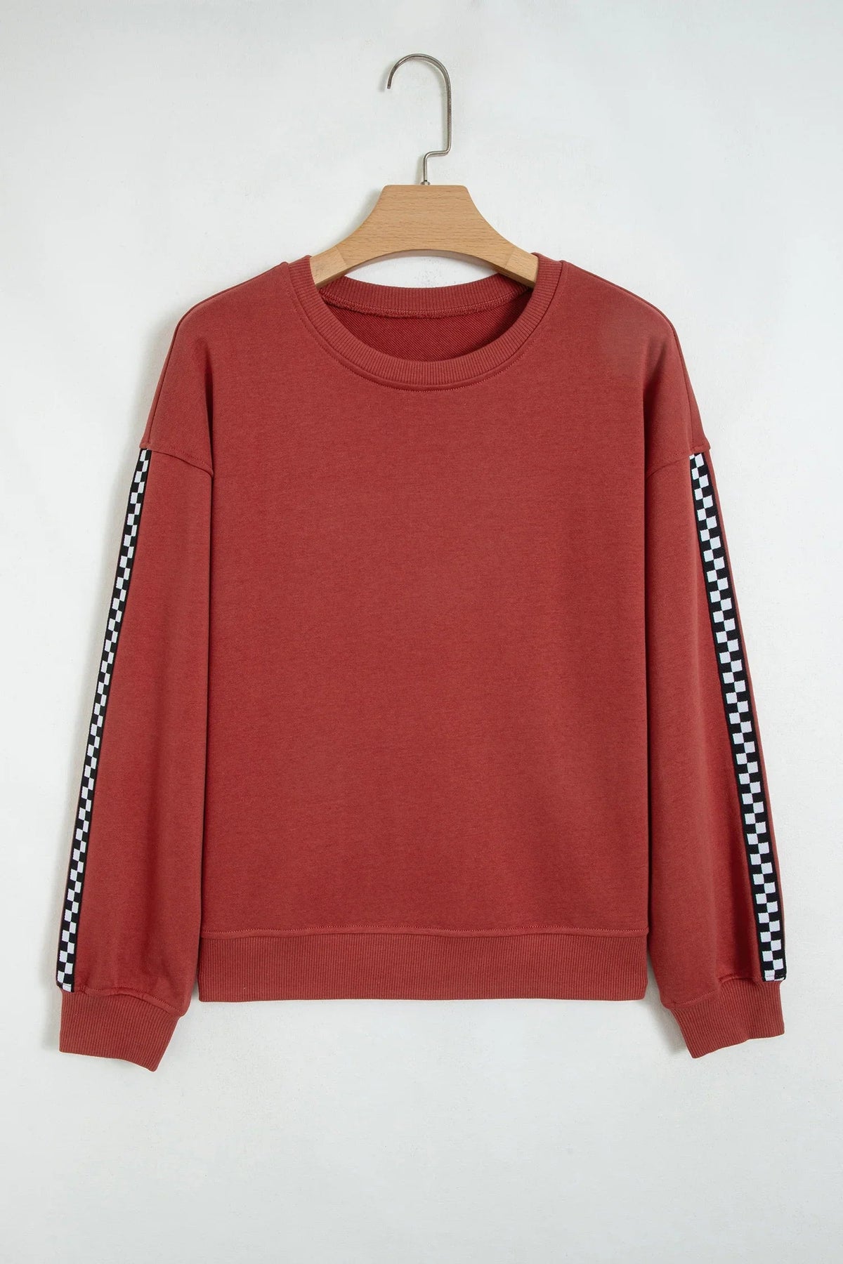 Women's Mineral Red Checkered-Trim Crew-Neck Long-Sleeve Sweatshirt