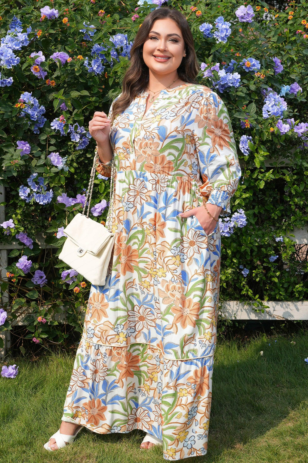 Women's Khaki Plus-Size Floral-Print Tiered Three-Quarter-Sleeve Dress