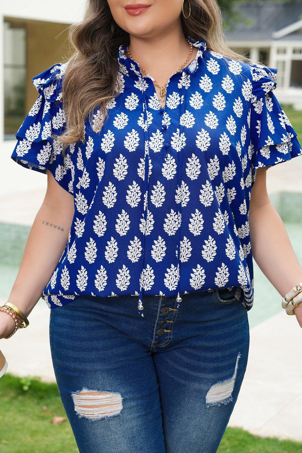 Women's Blue Plus-Size Botanical-Print Tie-Neck Short-Sleeve Blouse