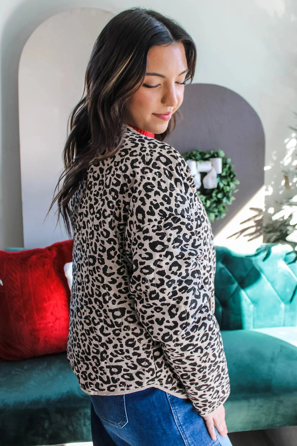 Women's Khaki Leopard-Print Long-Sleeve Jacket with Patch Pockets