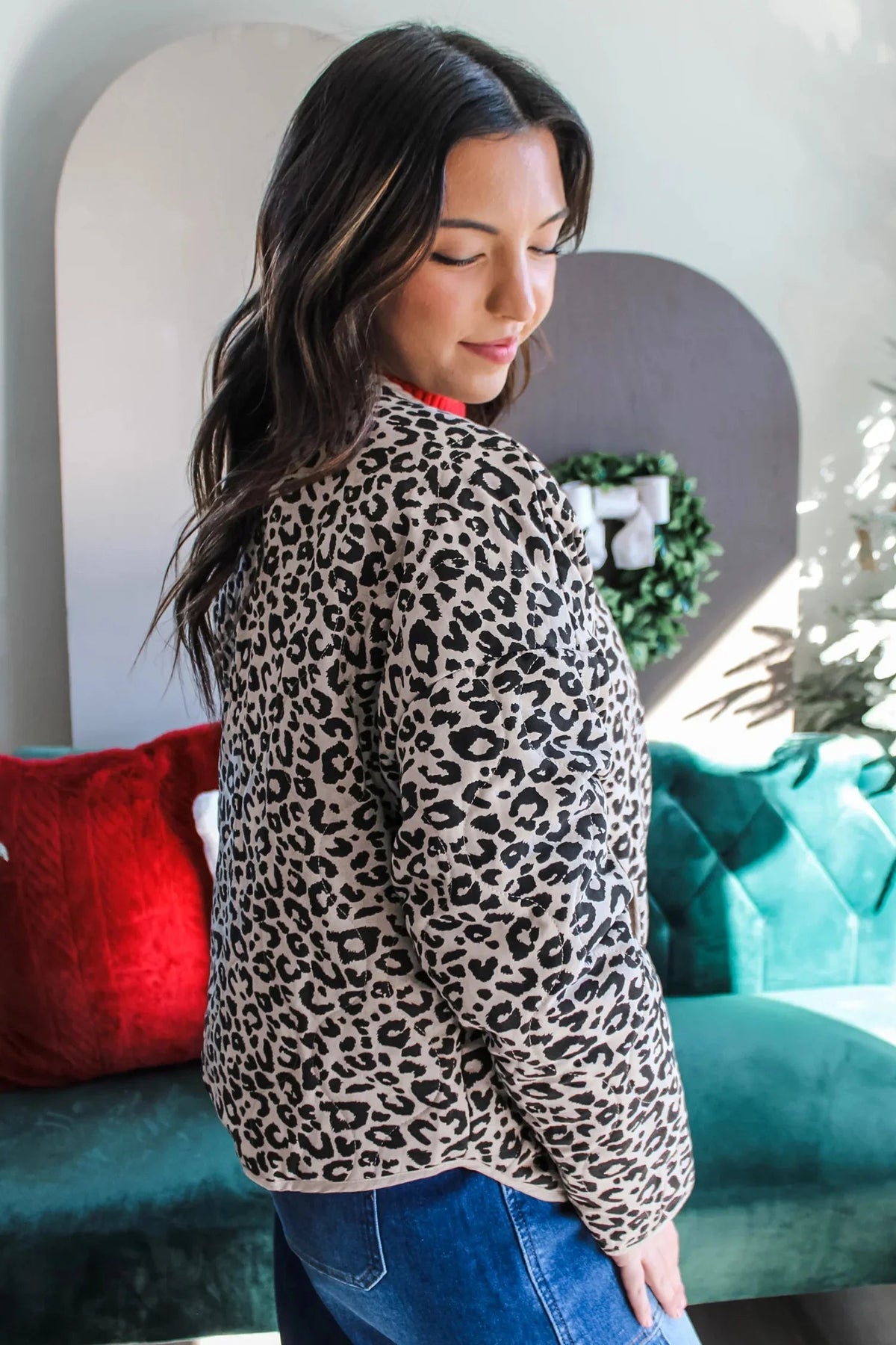 Women's Khaki Leopard-Print Long-Sleeve Jacket with Patch Pockets