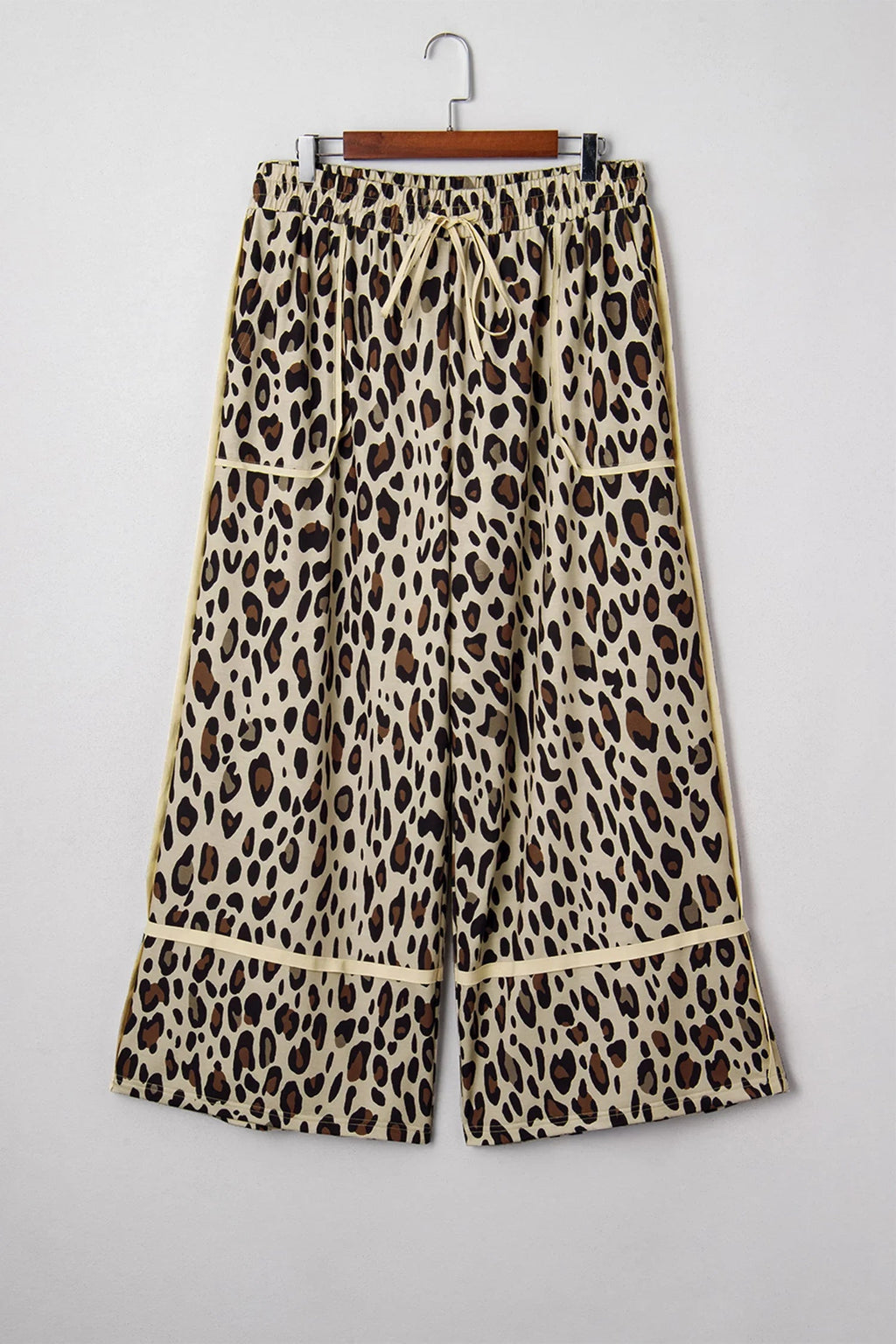 Women's Khaki Plus-Size Leopard-Print Drawstring Wide-Leg Pants