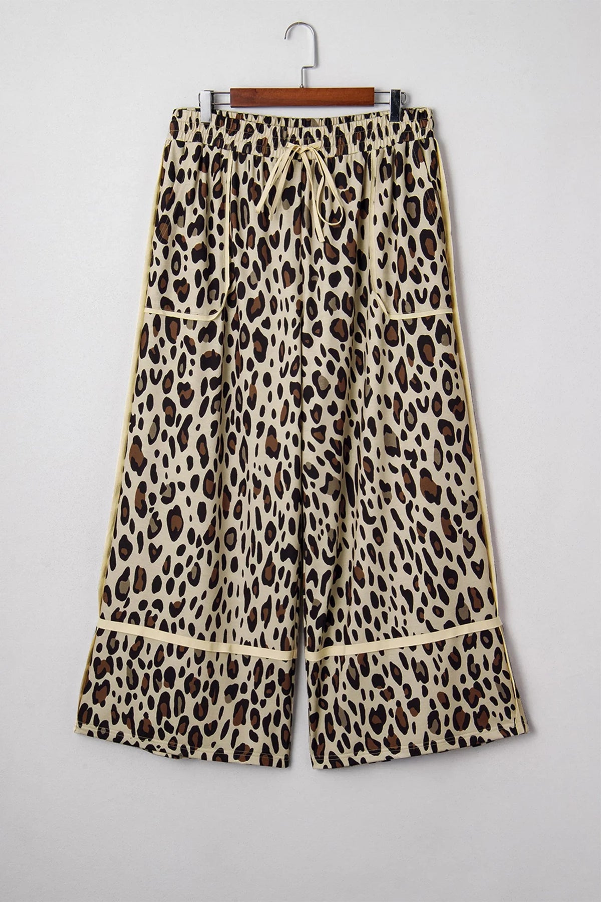 Women's Khaki Plus-Size Leopard-Print Drawstring Wide-Leg Pants