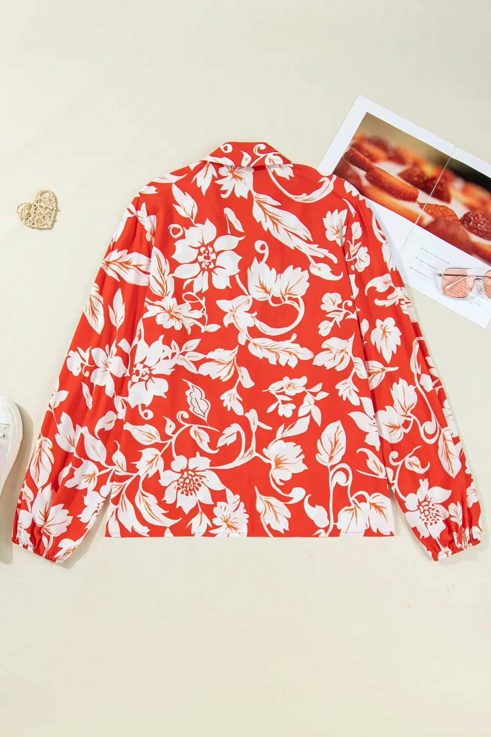 Women's Red Plus-Size Floral-Print Button-Up Shirt