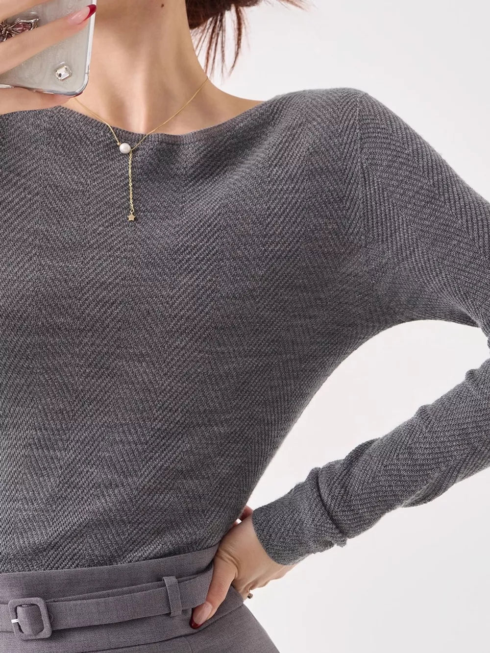 Women's Herringbone Slim Fit Long Sleeve Knit Top