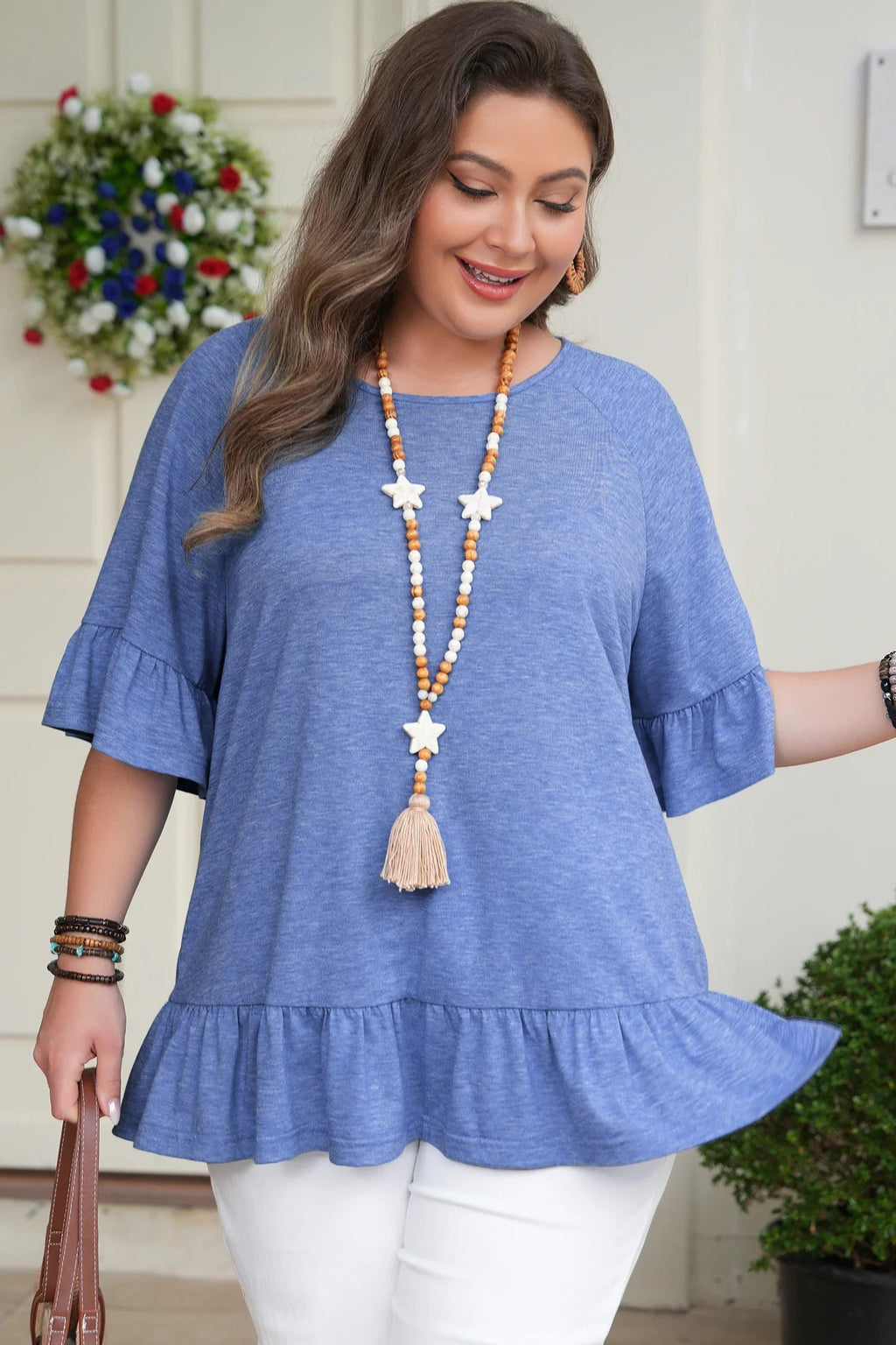 Women's Dusk Blue Plus-Size Ruffled Short-Sleeve Blouse