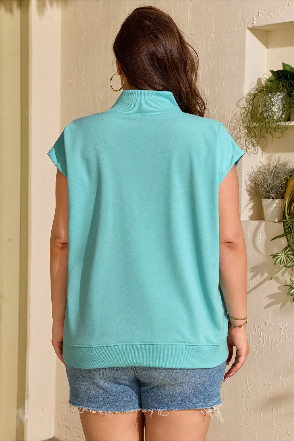 Women's Mint Green Plus-Size High-Neck Cap-Sleeve Top