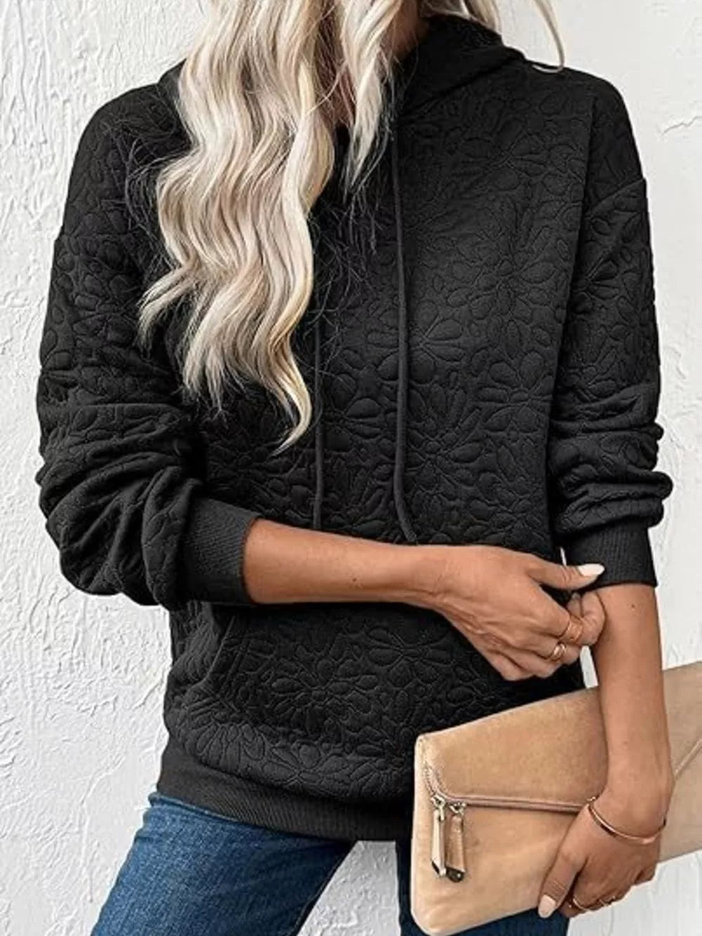 Women's Textured Floral Embossed Drawstring Hoodie