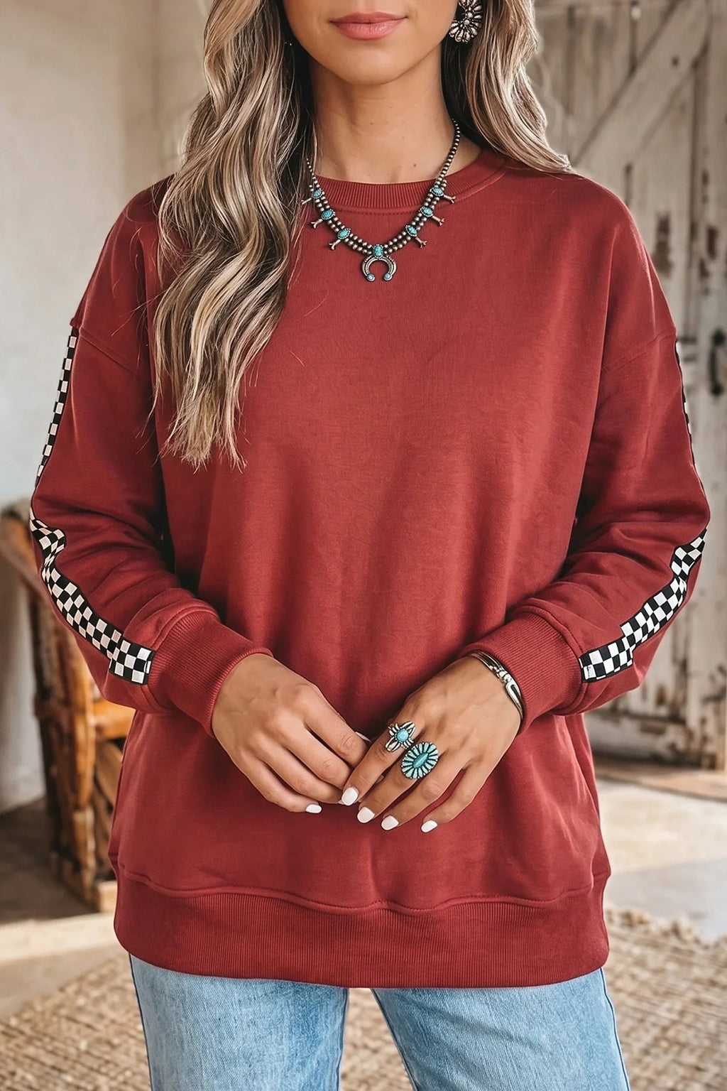 Women's Mineral Red Checkered-Trim Crew-Neck Long-Sleeve Sweatshirt
