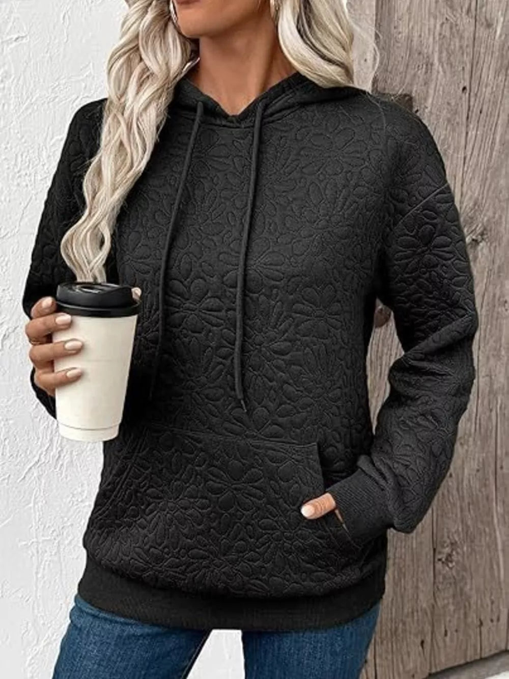 Women's Textured Floral Embossed Drawstring Hoodie
