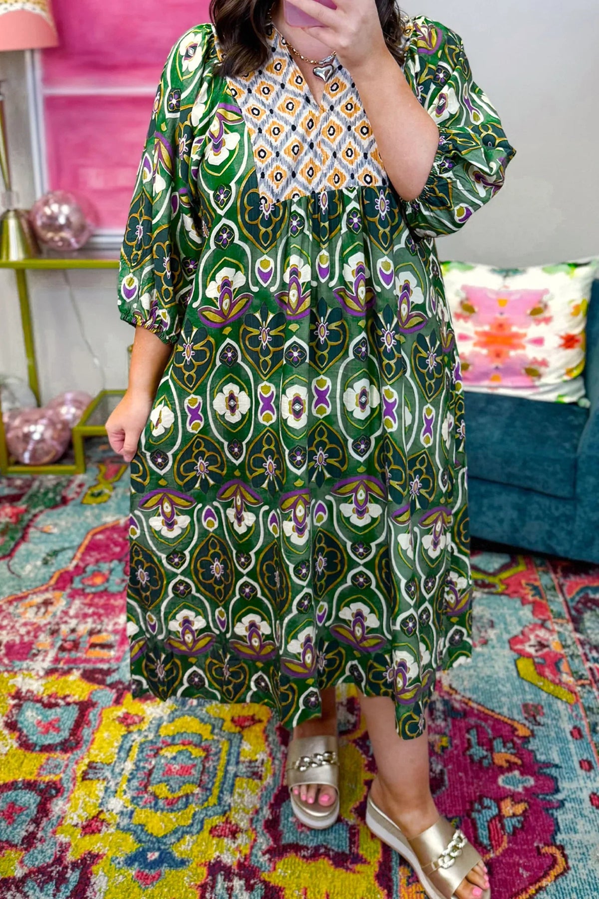 Women's Green Plus-Size Mixed-Floral V-Neck Maxi Dress