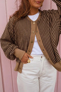 Women's Brown Striped V-Neck Long-Sleeve Cardigan