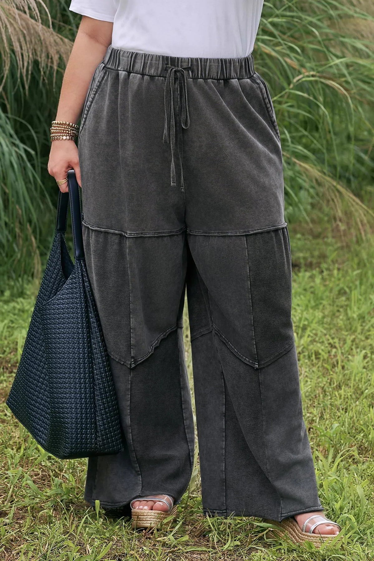 Women's Black Plus-Size Mineral-Wash Drawstring Loose Pants