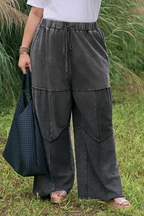 Women's Black Plus-Size Mineral-Wash Drawstring Loose Pants