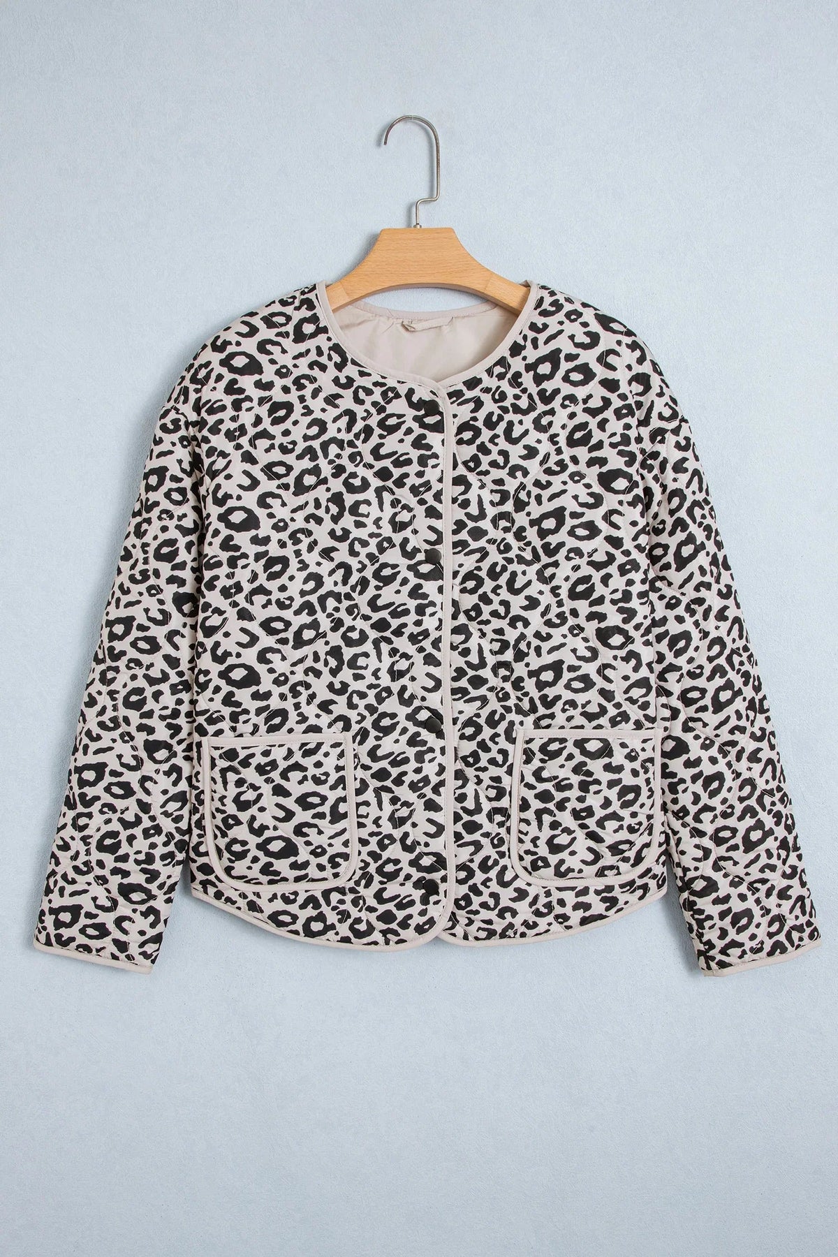 Women's Khaki Leopard-Print Long-Sleeve Jacket with Patch Pockets