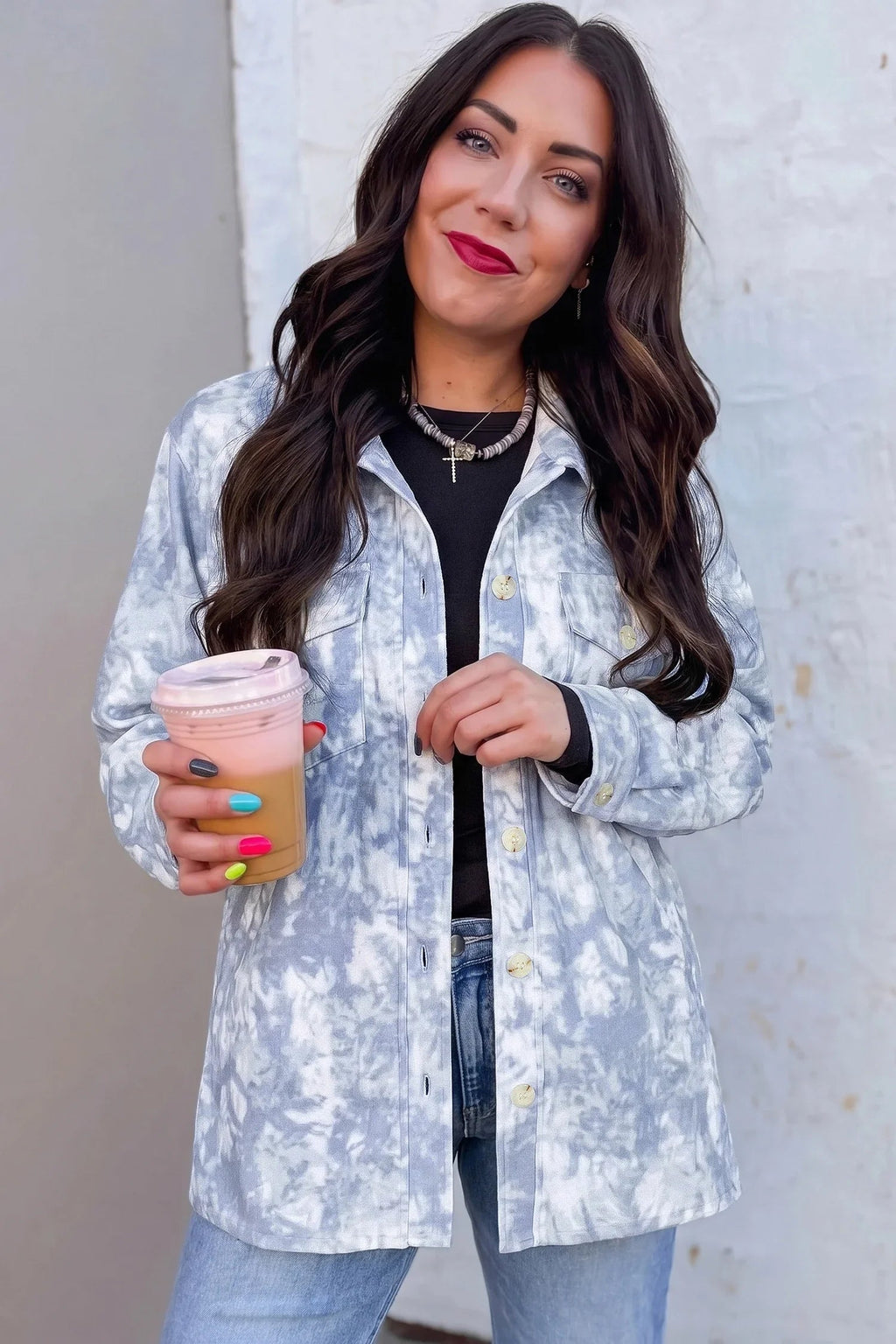 Women's Gray Abstract-Print Fuzzy-Collar Long-Sleeve Tunic Jacket