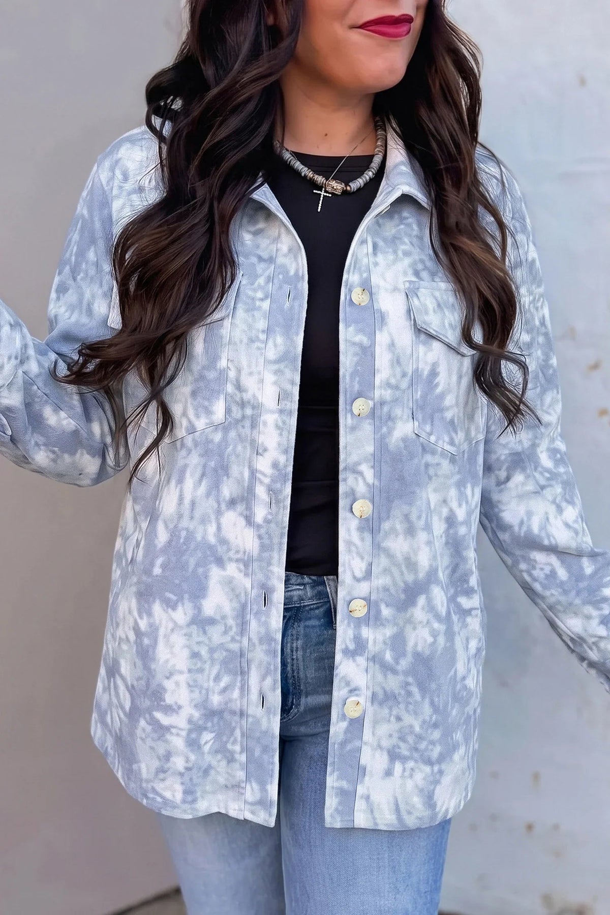 Women's Gray Abstract-Print Fuzzy-Collar Long-Sleeve Tunic Jacket