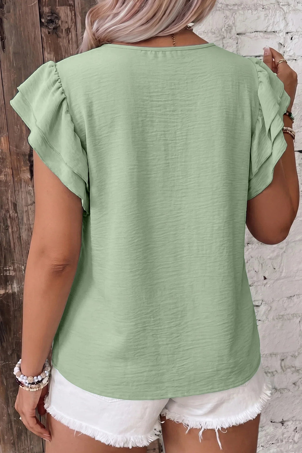 Women's Aqua Plus-Size Crew-Neck Ruffle-Sleeve Top