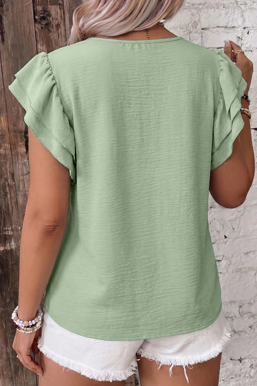 Women's Aqua Plus-Size Crew-Neck Ruffle-Sleeve Top
