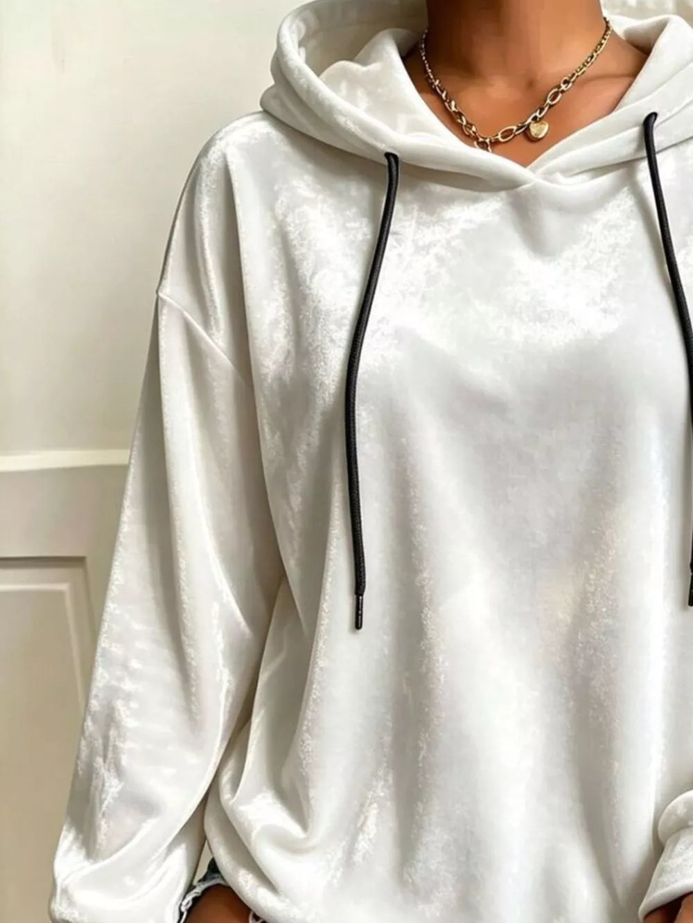 Women's Plus Size Velvet Drawstring Dropped Shoulder Hoodie