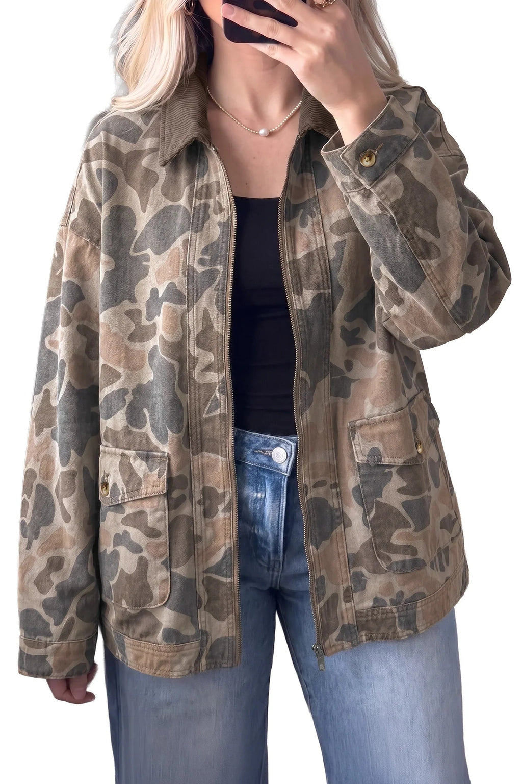 Women's Multicolor Camouflage-Print Denim Jacket with Corduroy Collar