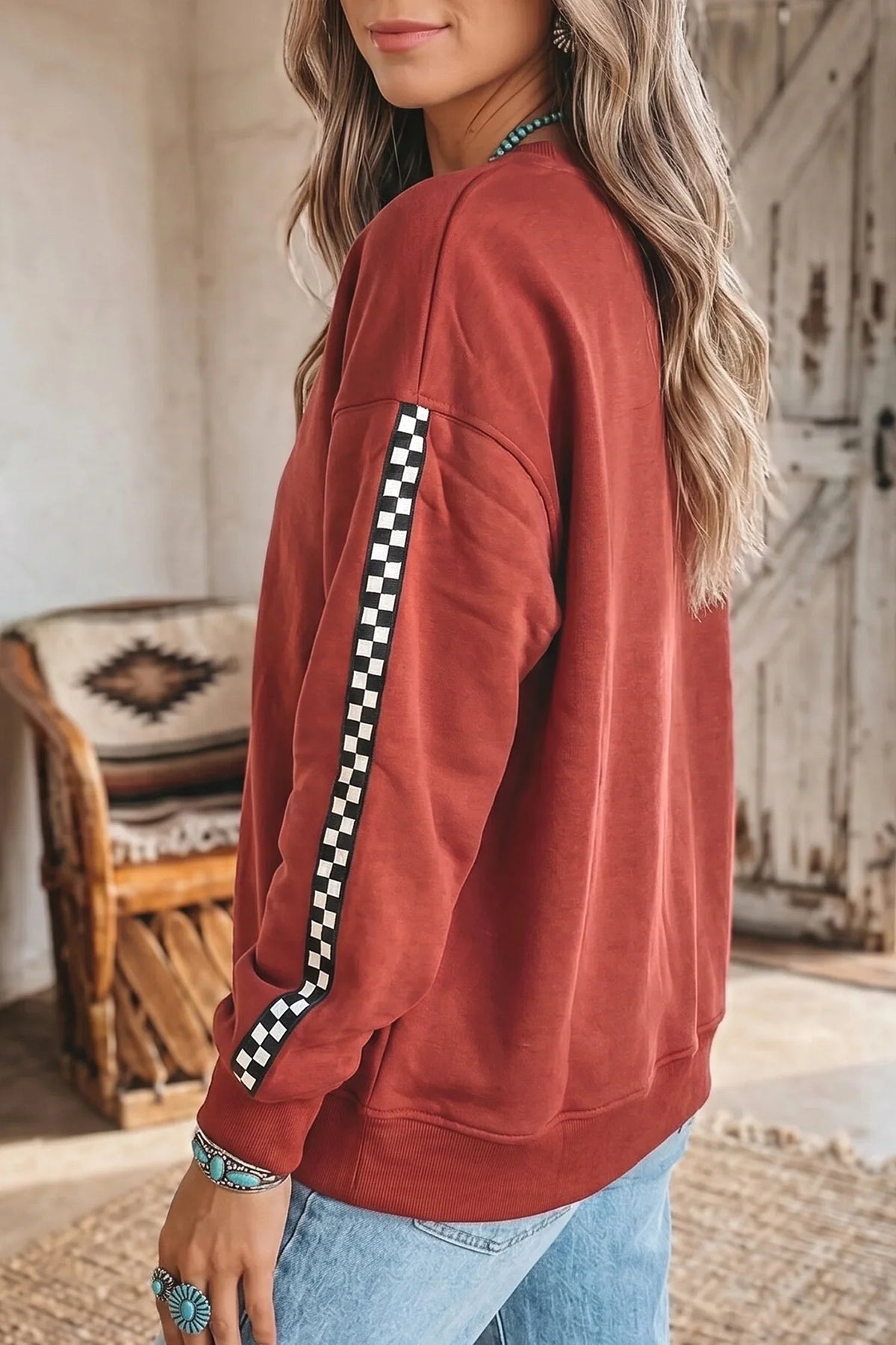 Women's Mineral Red Checkered-Trim Crew-Neck Long-Sleeve Sweatshirt