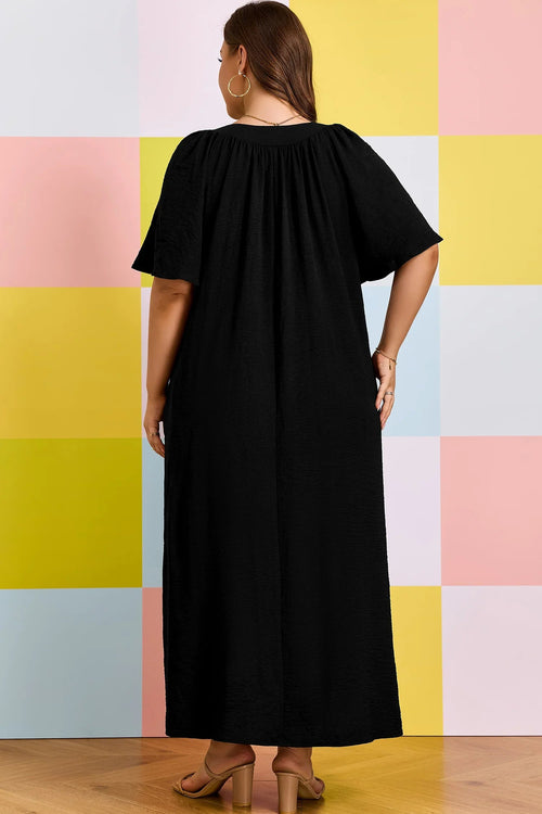 Women's Black Plus-Size Notched-Neck Short-Sleeve Loose Dress