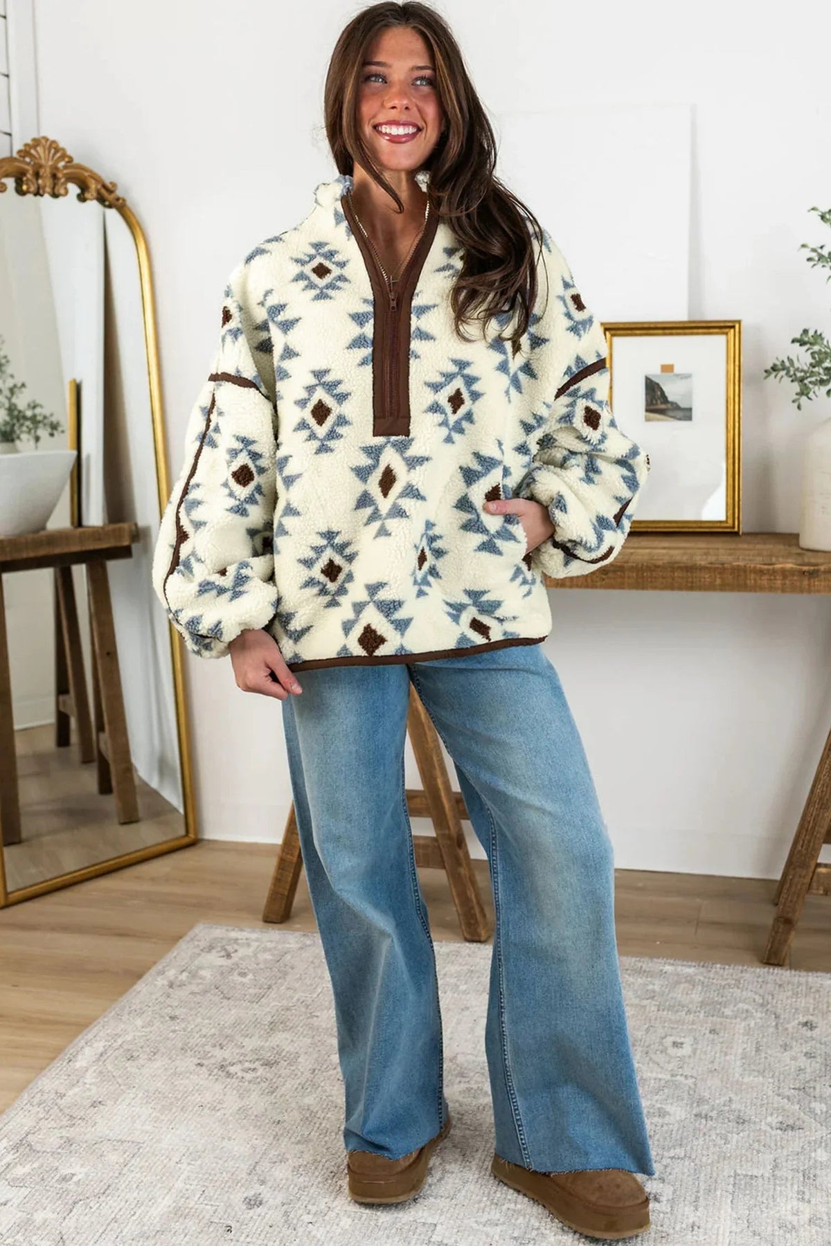 Women's Beige Geometric-Print Sherpa Long-Sleeve Sweatshirt
