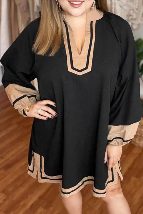 Women's Black Plus-Size V-Neck Color-Block Long-Sleeve Mini Dress