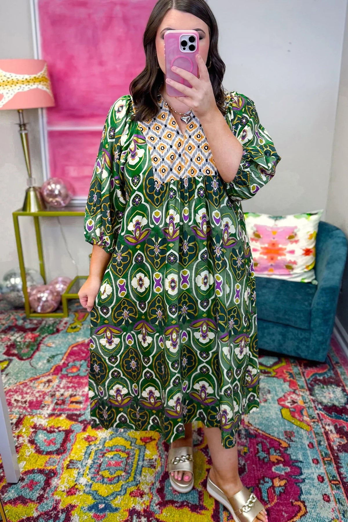 Women's Green Plus-Size Mixed-Floral V-Neck Maxi Dress