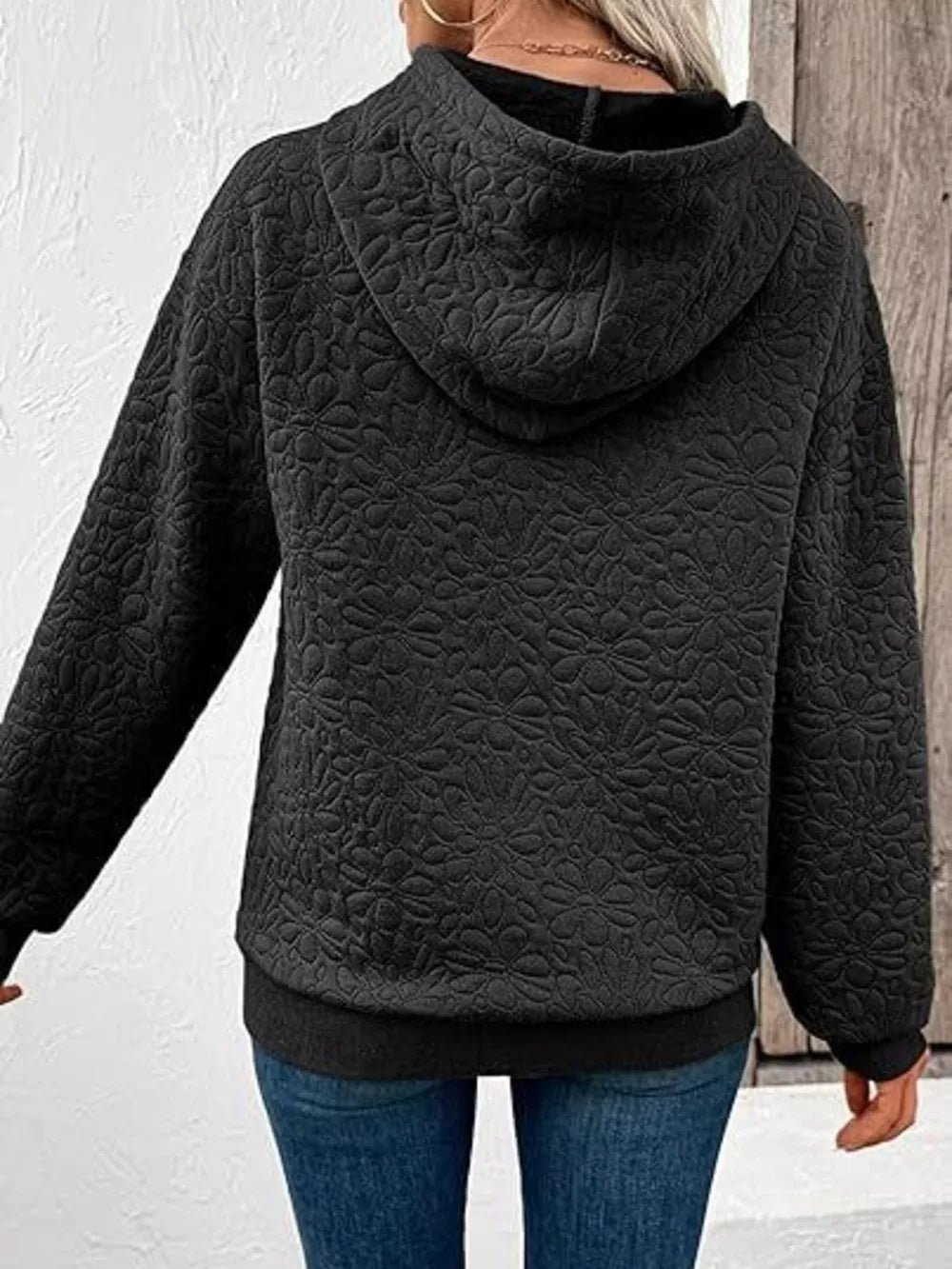 Women's Textured Floral Embossed Drawstring Hoodie