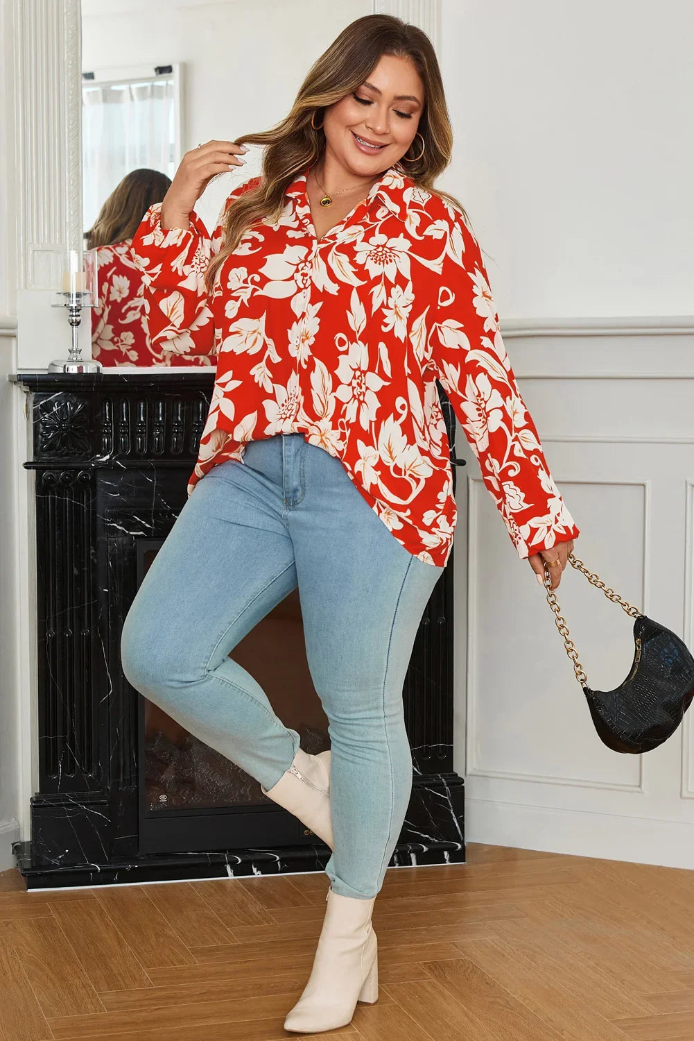 Women's Red Plus-Size Floral-Print Button-Up Shirt