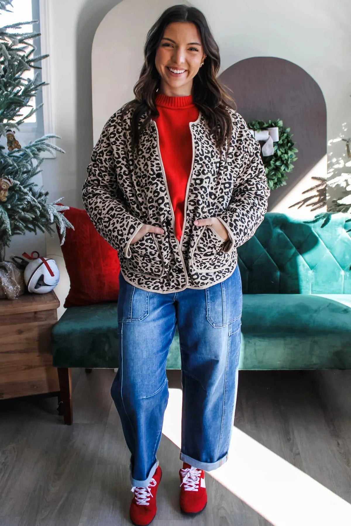 Women's Khaki Leopard-Print Long-Sleeve Jacket with Patch Pockets