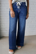 Women's Blue Plus-Size Acid-Wash Lace-Up Jeans