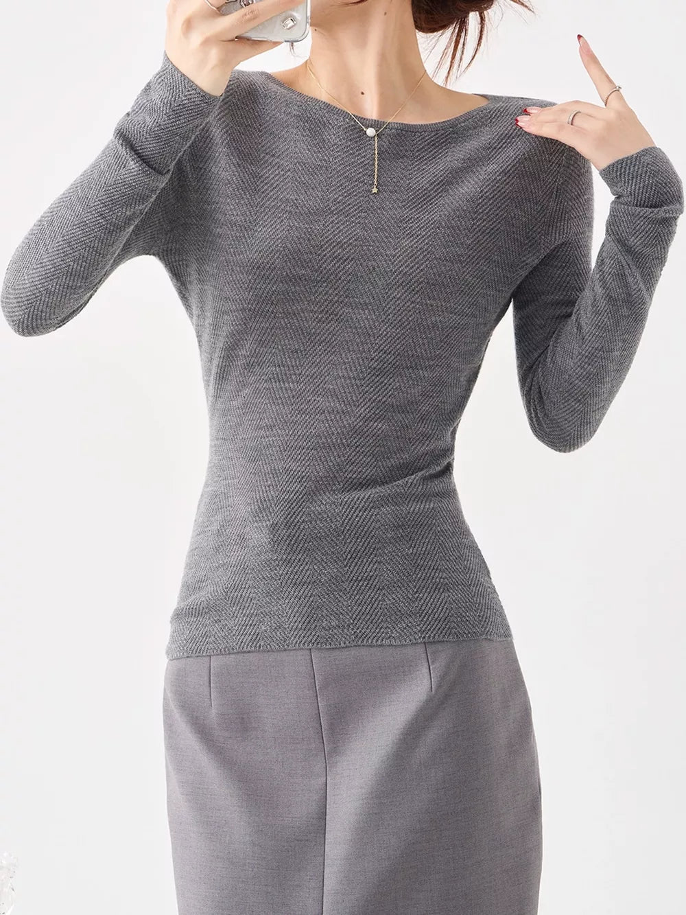 Women's Herringbone Slim Fit Long Sleeve Knit Top