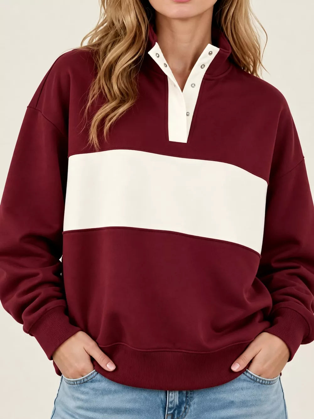 Women's Color Block Snap-Button Sweatshirt