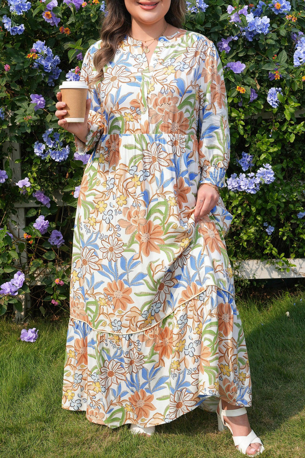 Women's Khaki Plus-Size Floral-Print Tiered Three-Quarter-Sleeve Dress