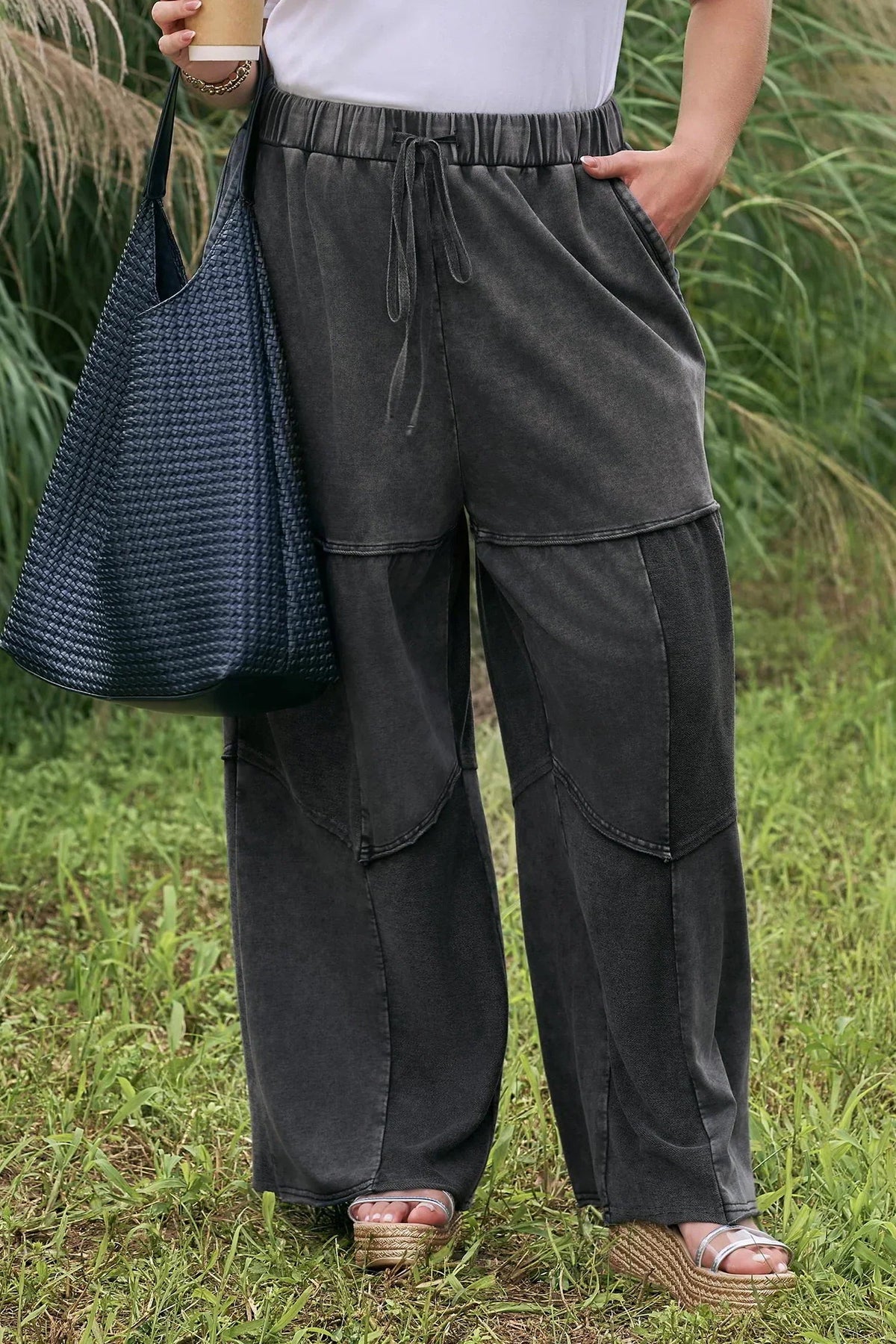 Women's Black Plus-Size Mineral-Wash Drawstring Loose Pants