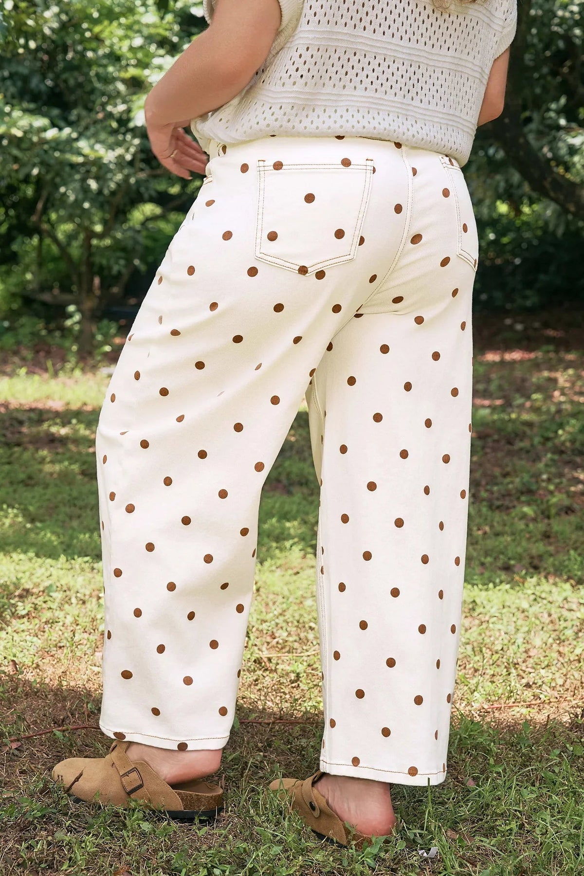 Women's Beige Plus-Size Polka-Dot Barrel Jeans