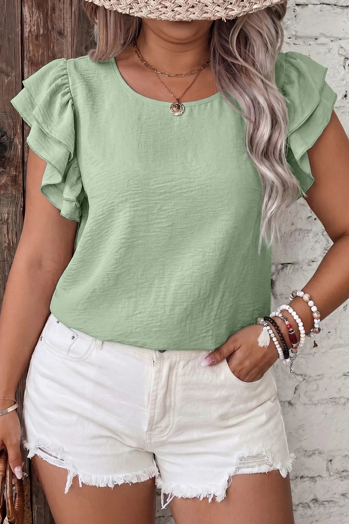 Women's Aqua Plus-Size Crew-Neck Ruffle-Sleeve Top