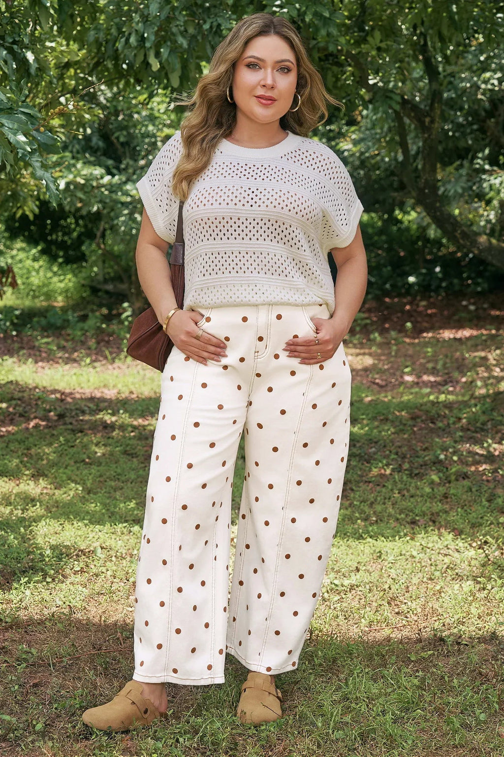 Women's Beige Plus-Size Polka-Dot Barrel Jeans